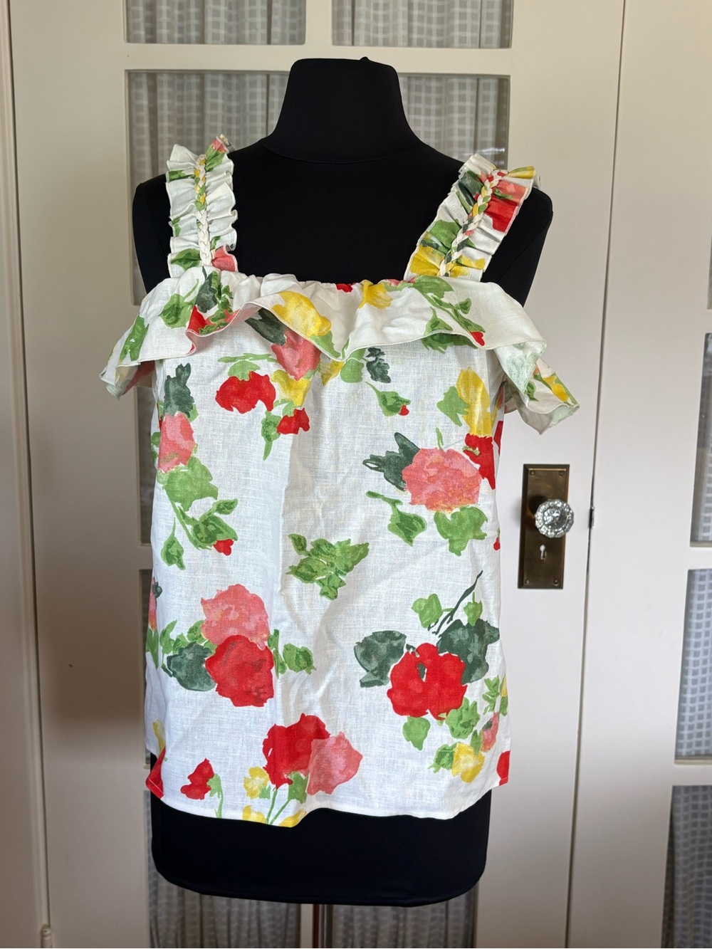 Sezane White Floral Ruffle-Strap Tank with Red Pink Yellow & Green